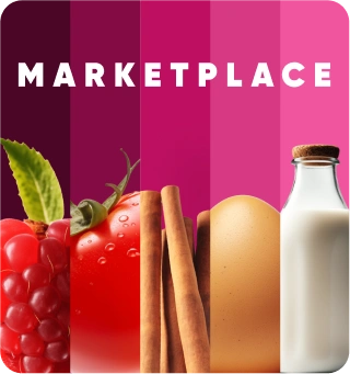 Marketplace — assorted F&B products including berries, tomato, cinnamon, bread, and milk