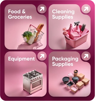 Marketplace categories — food & groceries, cleaning supplies, equipment, packaging supplies