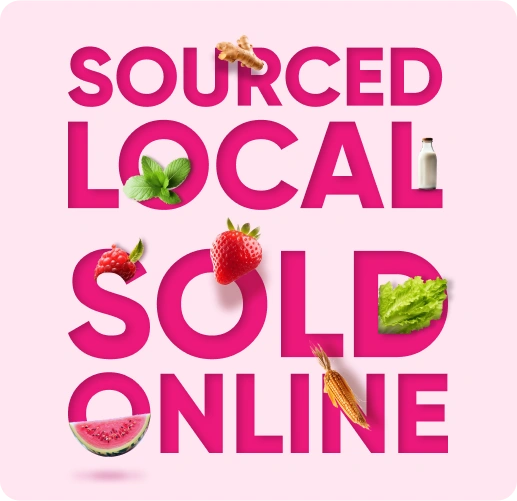 “Sourced Local, Sold Online” — Watermelon local sourcing slogan with fruit illustrations